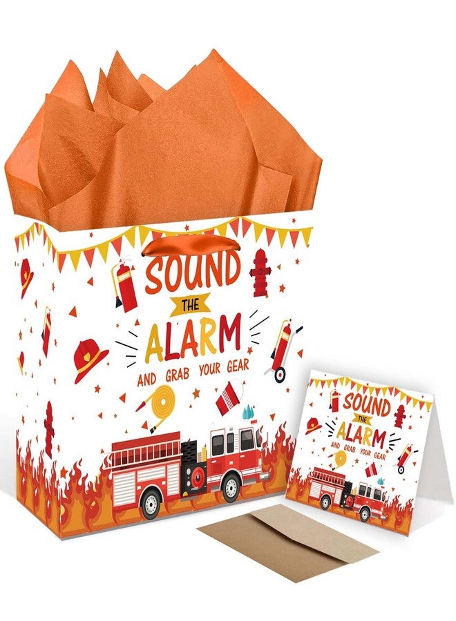 RTMISA Firetruck Gift Bag with Tissue Paper and Card with Envolope, Firefighter Fire Truck Themed Gifts Wrapping Bag for Birthday Baby Shower Party Decorations Supplies - Image 1